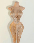 Metallic gold fringe halter midi dress with deep V cut-out bodice and fitted skirt