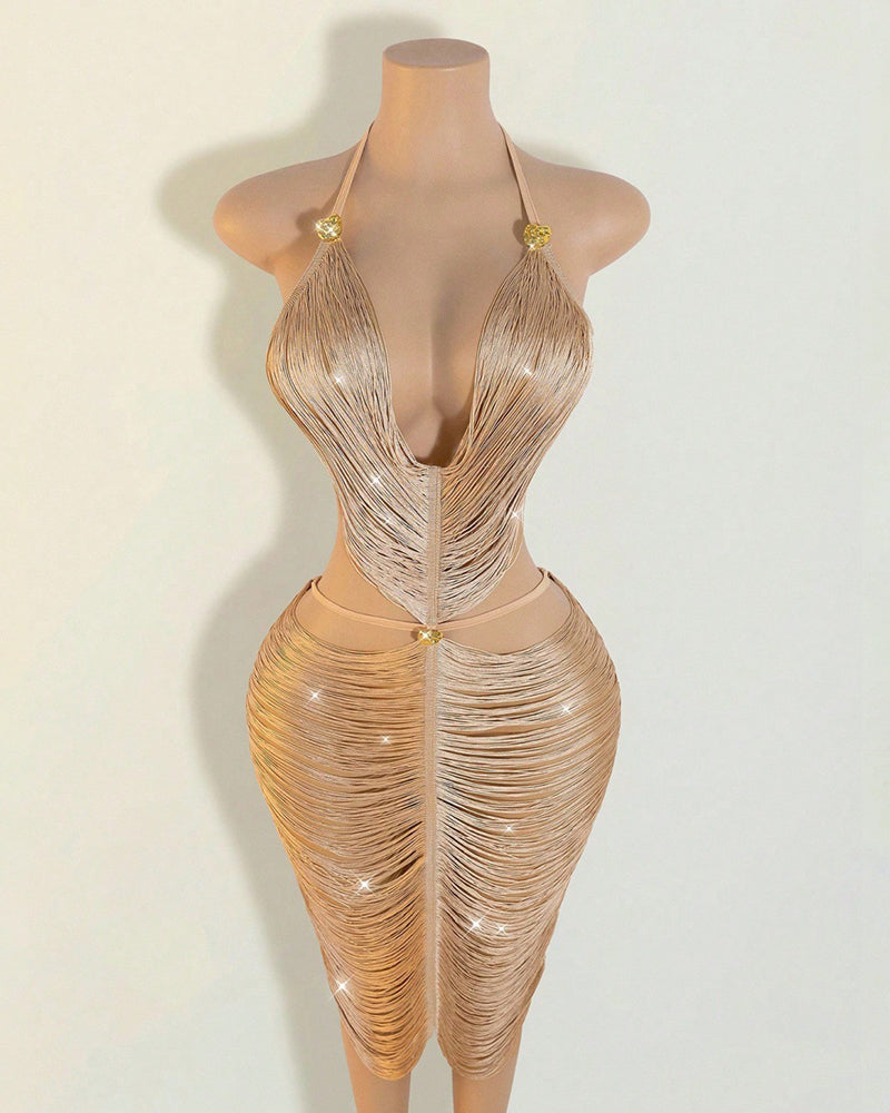 Metallic gold fringe halter midi dress with deep V cut-out bodice and fitted skirt