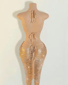 Metallic gold fringe halter midi dress with crisscross back ties and fitted legs
