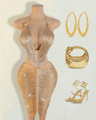 Metallic gold fringe halter dress with back ties; includes matching gold accessories
