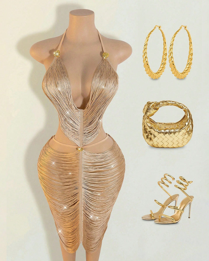 Metallic gold fringe halter dress with back ties; includes matching gold accessories