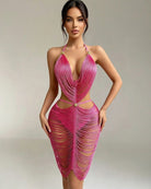 Rose pink fringe halter midi dress with deep V cut-out and bodycon fit