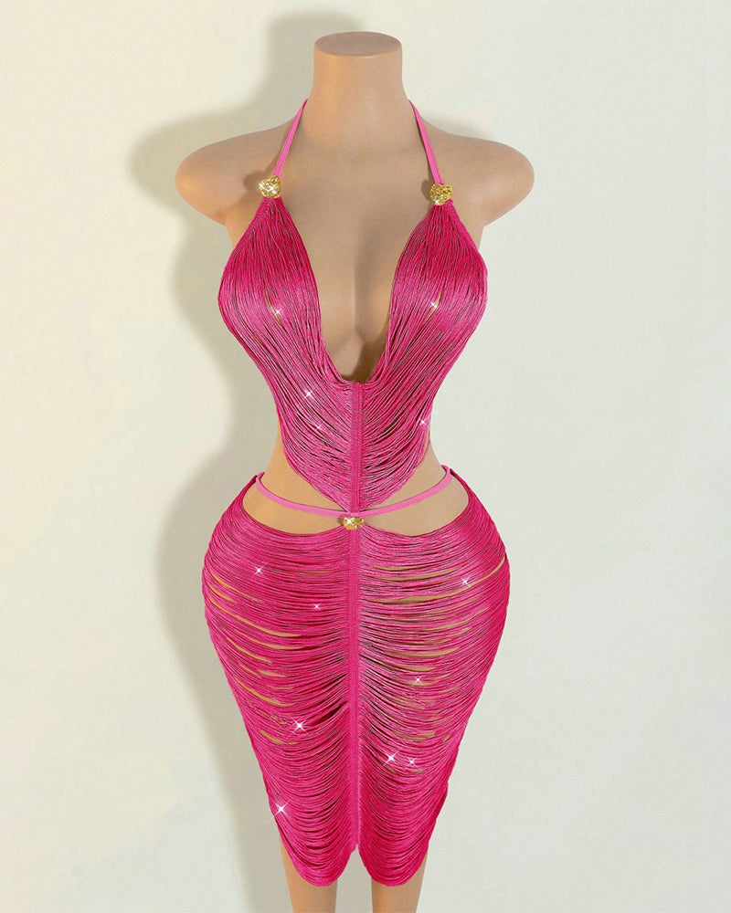 Rose pink fringe halter midi dress with deep V cut-out and fitted mid-calf length