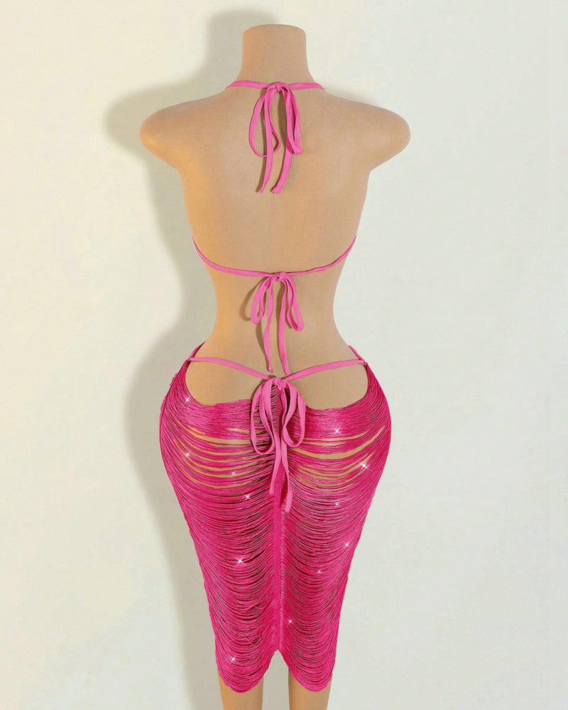 Rose pink fringe halter midi dress with crisscross back ties and fitted legs