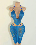 Blue fringe halter midi dress with deep V cut-out bodice and fitted mid-calf length