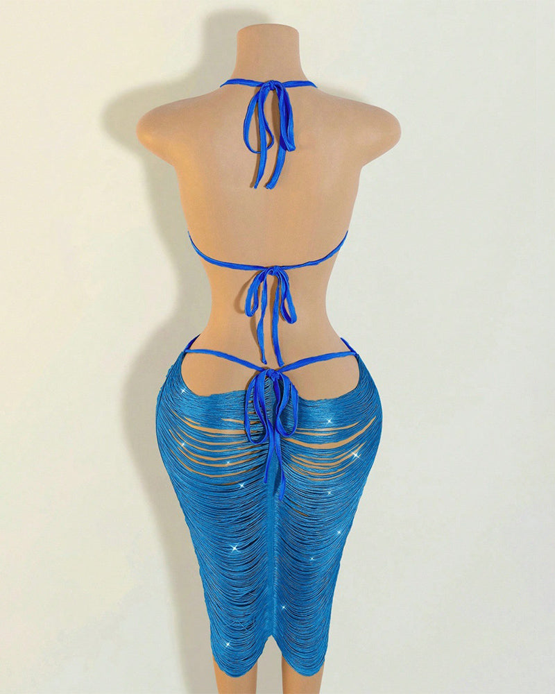 Blue fringe halter midi dress with crisscross back ties and fitted mid-calf legs