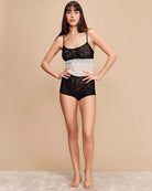 Black and white lace camisole and shorts set, front view with spaghetti straps
