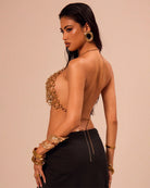 Silver chain backless body chain with long drape and open back