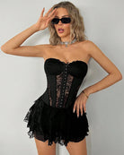 Black lace corset tutu dress with sweetheart neckline and vertical button details