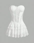 White lace corset tutu dress with sweetheart bust and tiered ruffle skirt