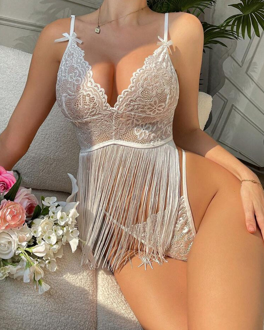 White lace babydoll lingerie with underwire cups and layered fringe front