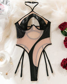 Black halter bodysuit set with PU leather cups, sheer mesh center and suspender straps