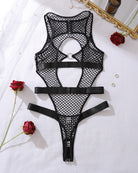Black fishnet halter bodysuit set with O-ring cutouts and matching belt straps