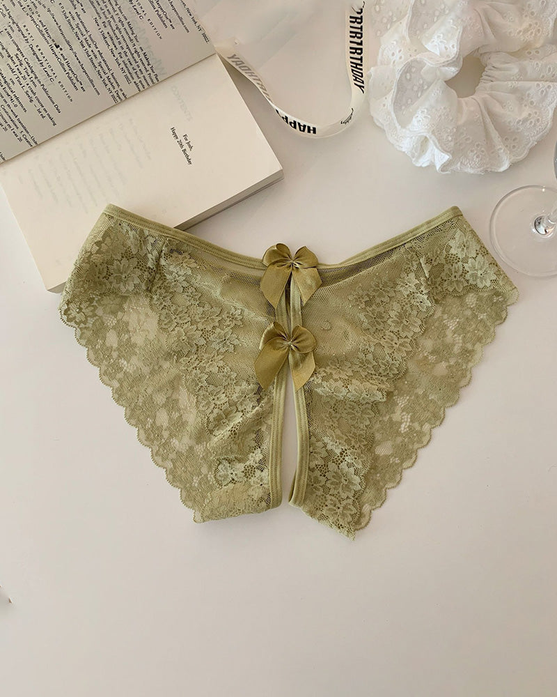 Scalloped sheer lace bow-back panties in sage green with center bows