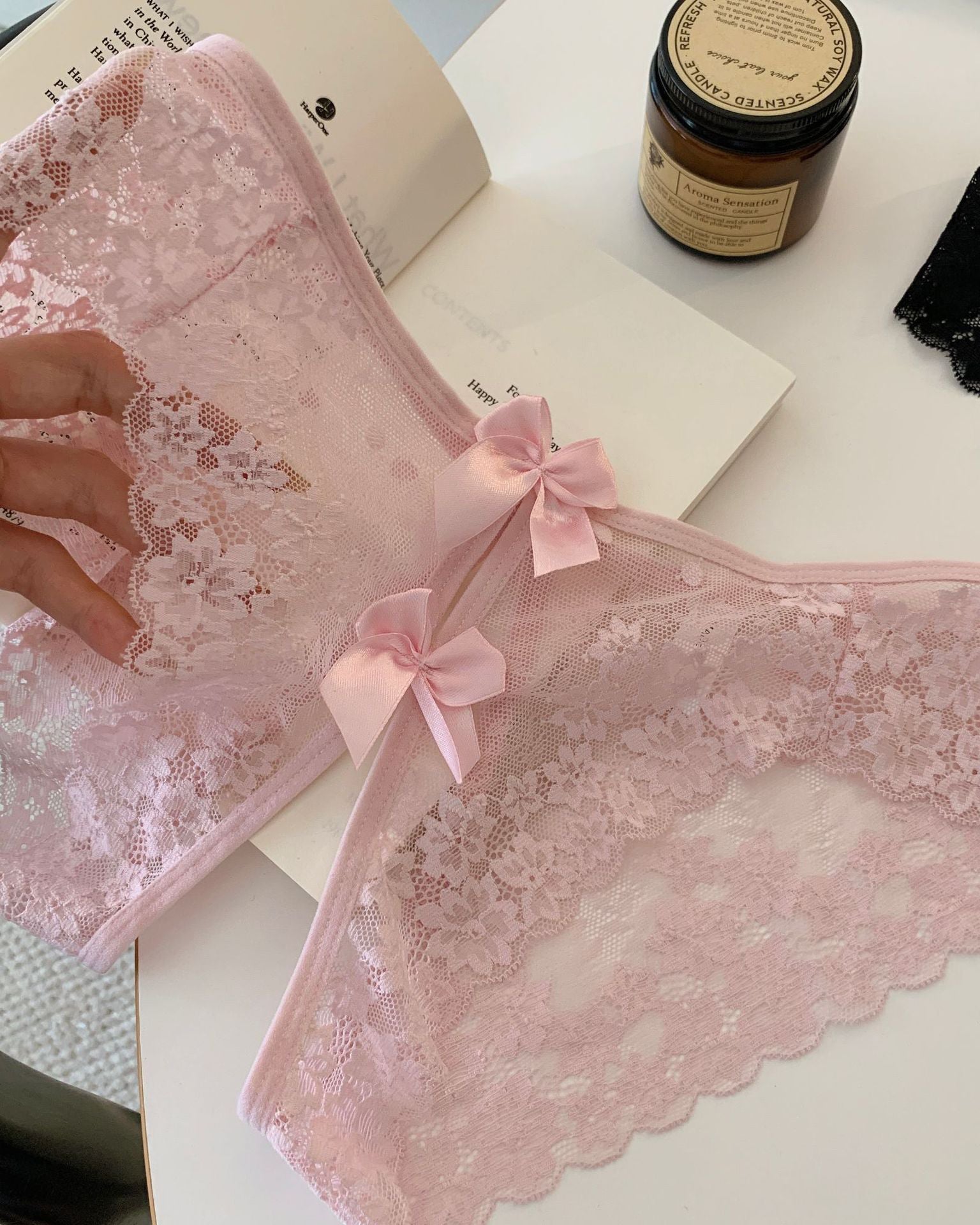 Sheer floral lace bow-back panties in light pink with ribbon bow details