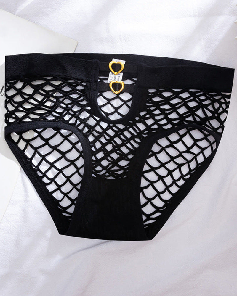Black fishnet cutout panties laid flat, with gold heart-ring center detail