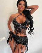 Black sequin fringe halter crop top and mini skirt set with cross halter straps