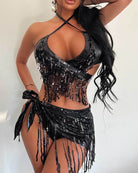 Black sequin fringe halter crop top and mini skirt set, cross halter neckline