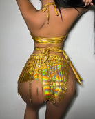 Gold sequin fringe halter crop top and mini skirt set, back view with tie accents