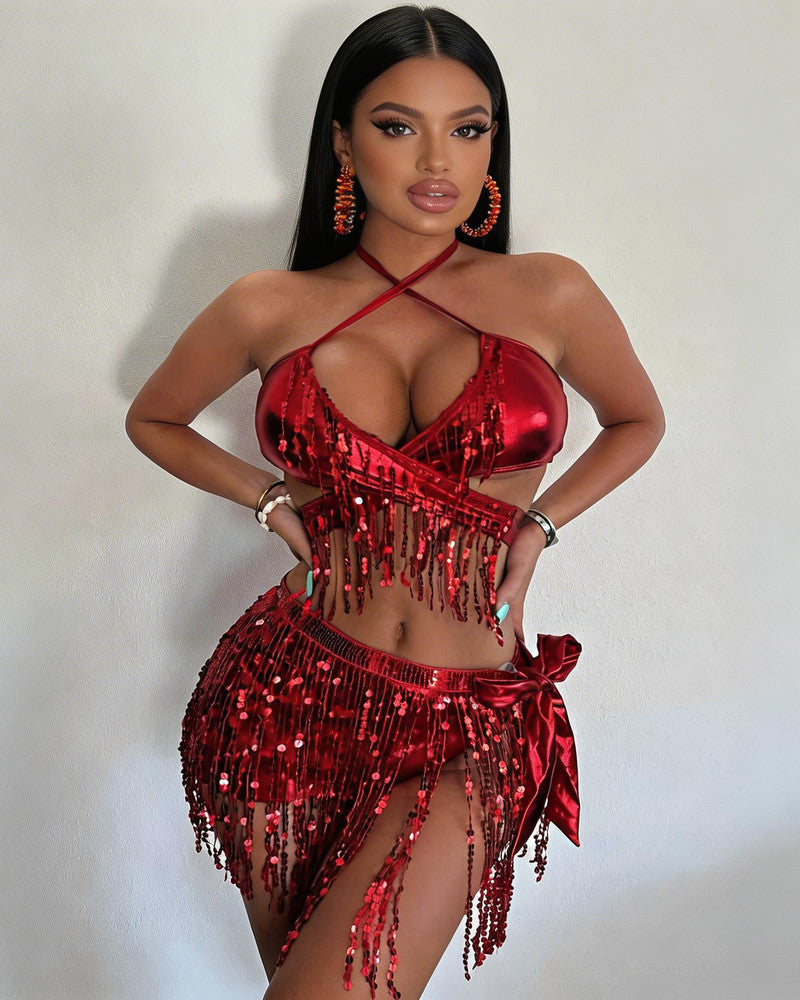 Red sequin fringe halter crop top and mini skirt set with cross halter straps