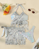 Iridescent sequin fringe halter crop top, tassel skirt, and matching bikini bottoms, silver