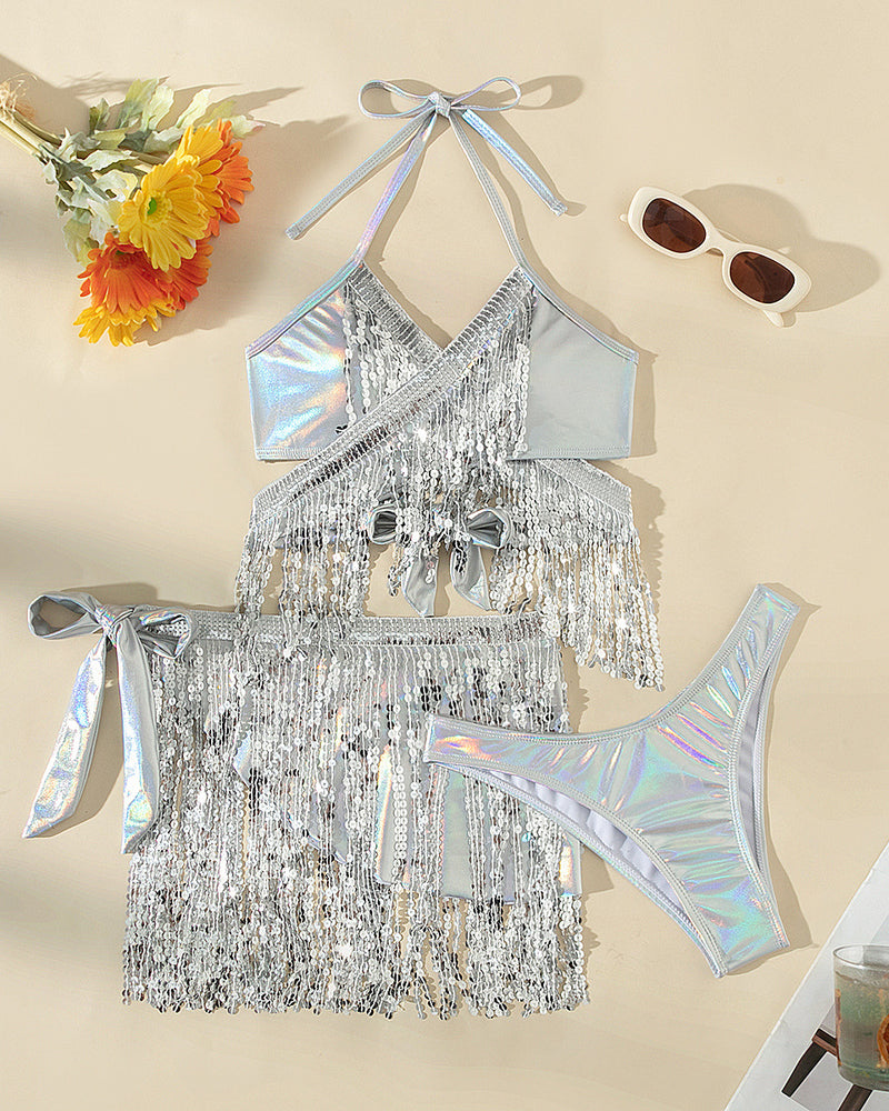 Iridescent sequin fringe halter crop top, tassel skirt, and matching bikini bottoms, silver