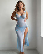 Light blue sheer maxi dress with bow straps, butterfly appliques, side thigh slit
