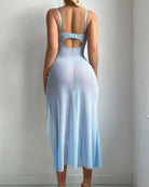Light blue sheer mesh maxi dress with butterfly appliques, cutout back, thigh slit