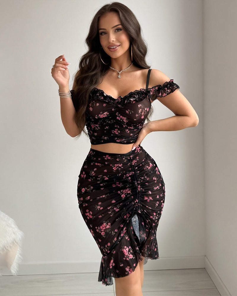 Black floral mesh ruched two-piece set with off-shoulder ruffle sleeves and mini skirt