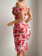 Red floral mesh ruched two-piece set with open back and off-shoulder ruffle top