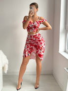Red floral mesh ruched two-piece set with ruffled off-shoulder top and draped mini skirt