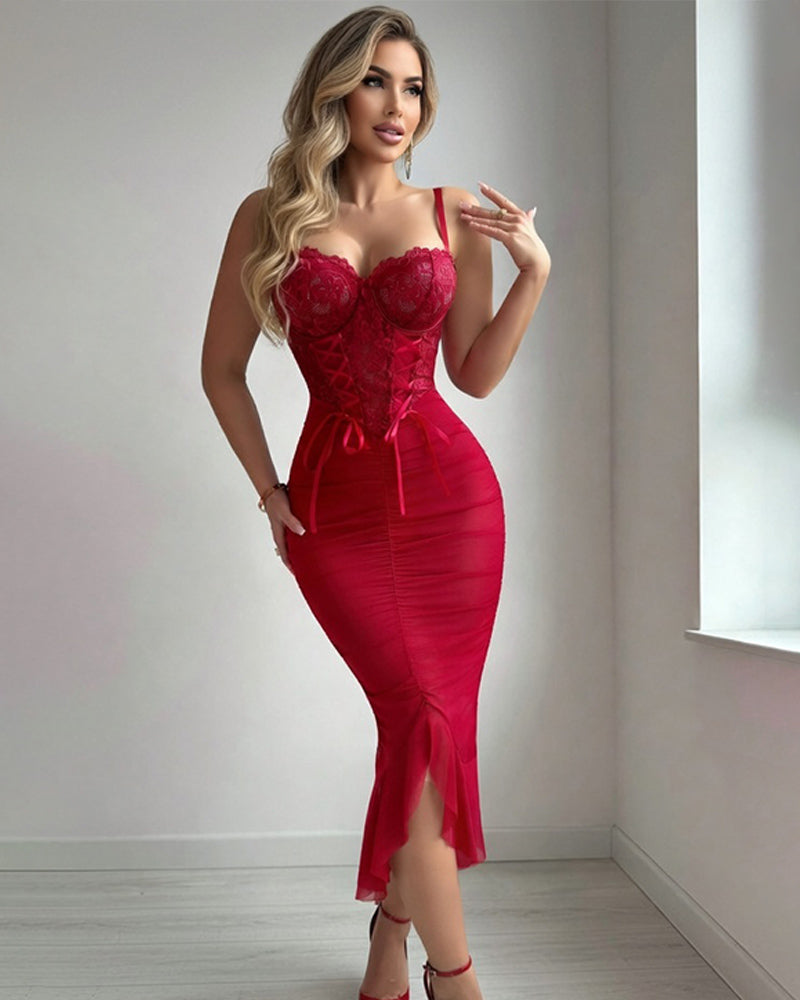 Red lace corset ruched midi bodycon dress with scalloped cups and side slit
