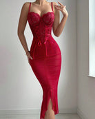 Red lace corset ruched midi bodycon dress with structured sweetheart bodice
