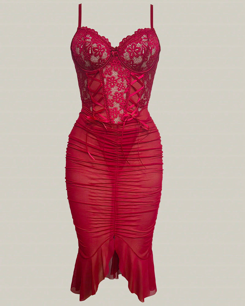 Red sheer lace corset ruched midi bodycon dress with underwire cups