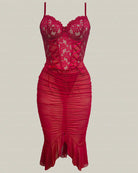 Red sheer lace corset ruched midi bodycon dress with underwire cups