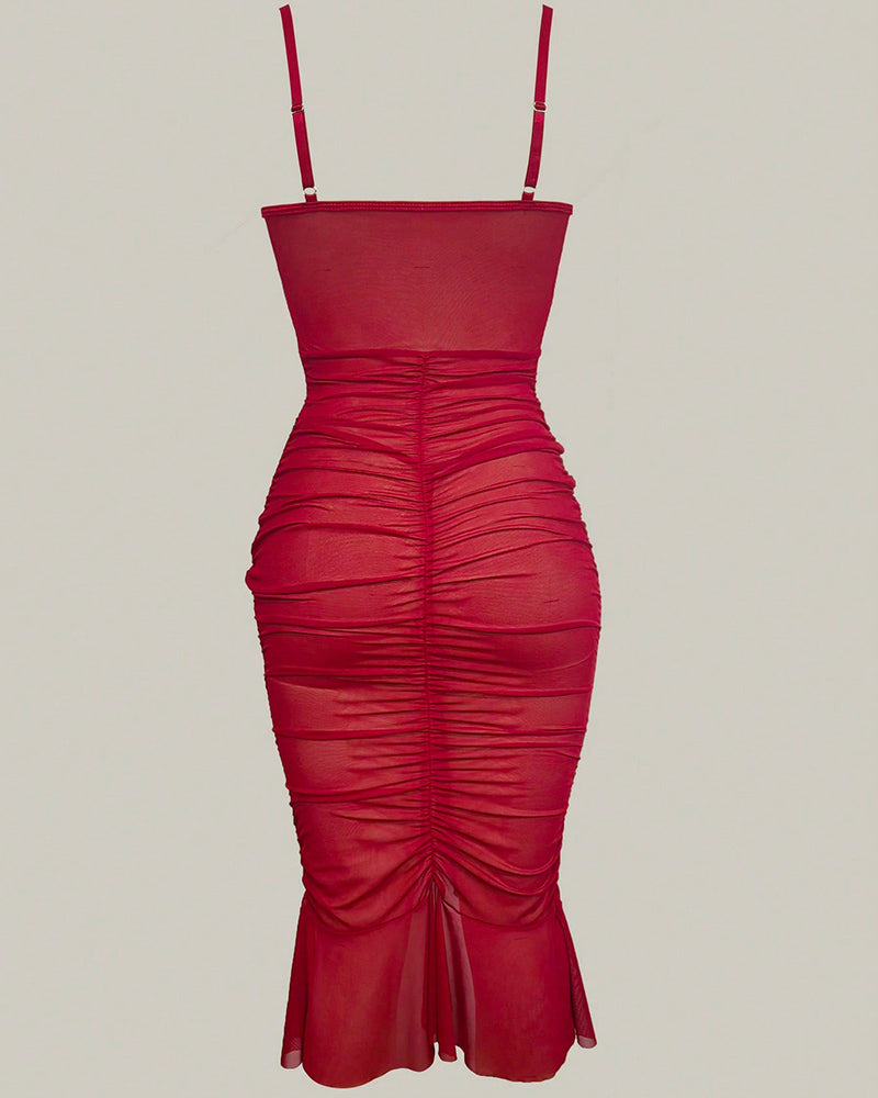 Red sheer ruched midi bodycon dress with spaghetti straps and back seam
