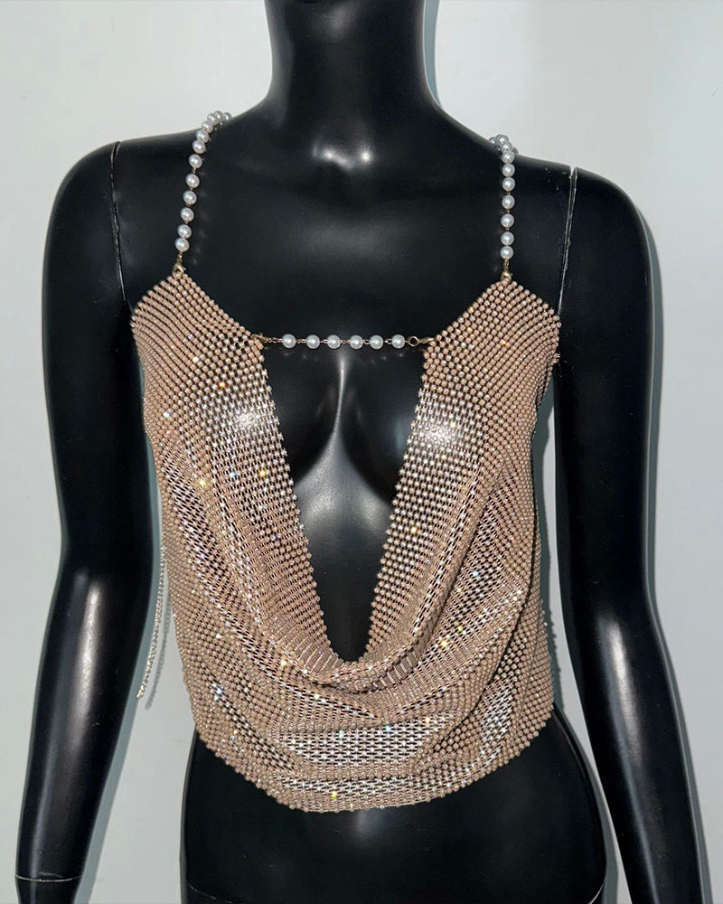 Gold rhinestone drape halter top with pearl chain shoulder straps