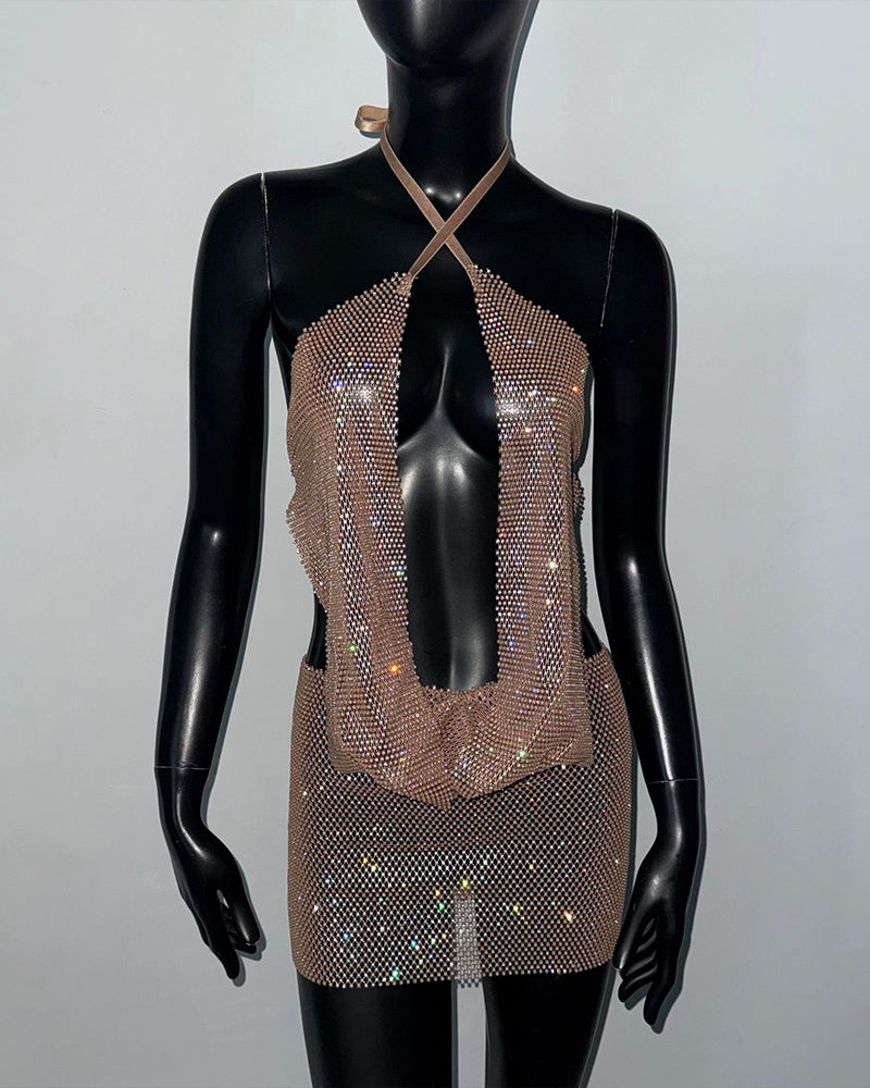 Gold rhinestone halter plunge crop top on mannequin, open-back crisscross straps