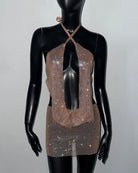 Gold rhinestone halter plunge crop top on mannequin, open-back crisscross straps