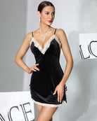 Black velvet lace plunge nightdress with white trim, thin straps and side ties
