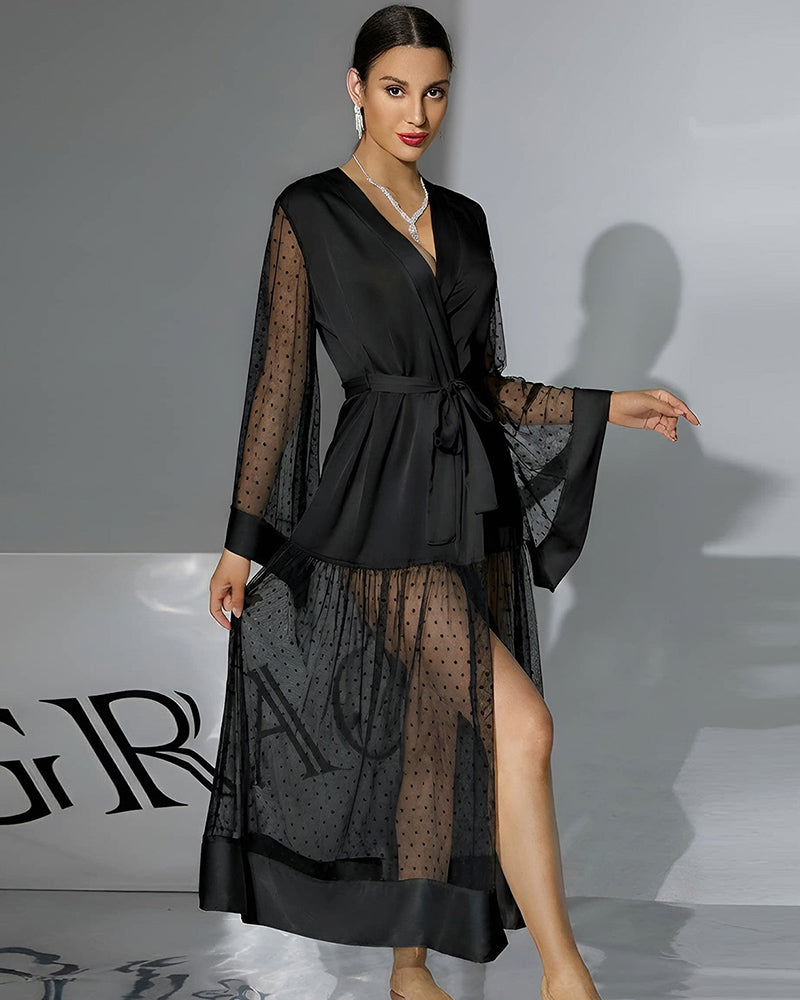 Black belted chiffon silk robe dress with V-neck and semi-sheer polka-dot sleeves