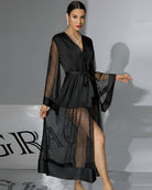 Black belted chiffon silk robe dress with V-neck and semi-sheer polka-dot sleeves