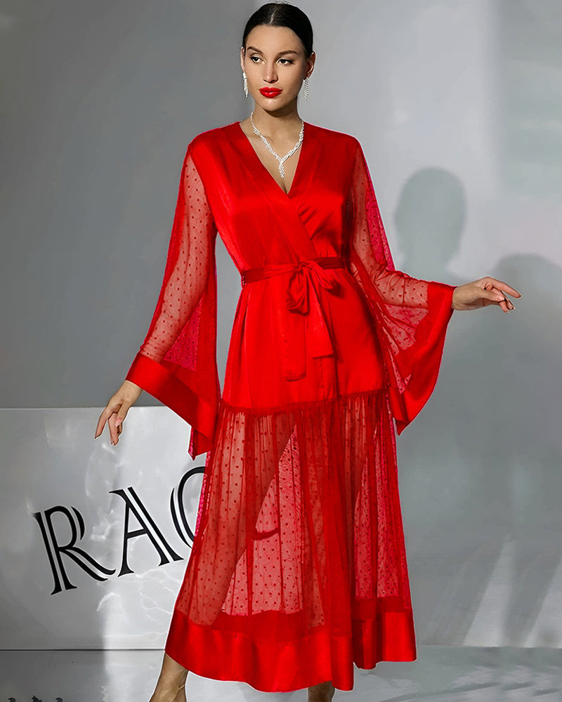 Red belted chiffon silk robe dress with V-neck and semi-sheer polka-dot sleeves