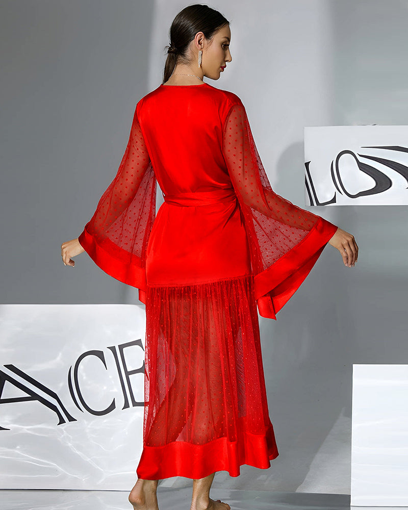 Red belted robe dress, V-back view with semi-sheer polka-dot sleeves and long skirt