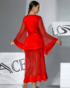Red belted robe dress, V-back view with semi-sheer polka-dot sleeves and long skirt