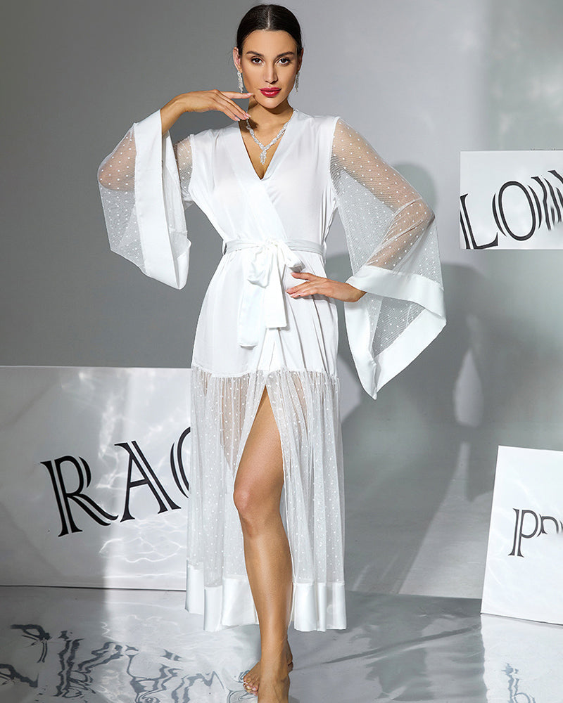White belted chiffon silk robe dress with V-neck, semi-sheer polka-dot sleeves
