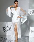 White belted chiffon silk robe dress with V-neck, semi-sheer polka-dot sleeves