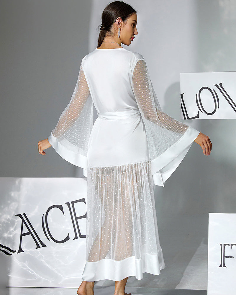 White belted robe dress with V-back, semi-sheer polka-dot sleeves and long skirt