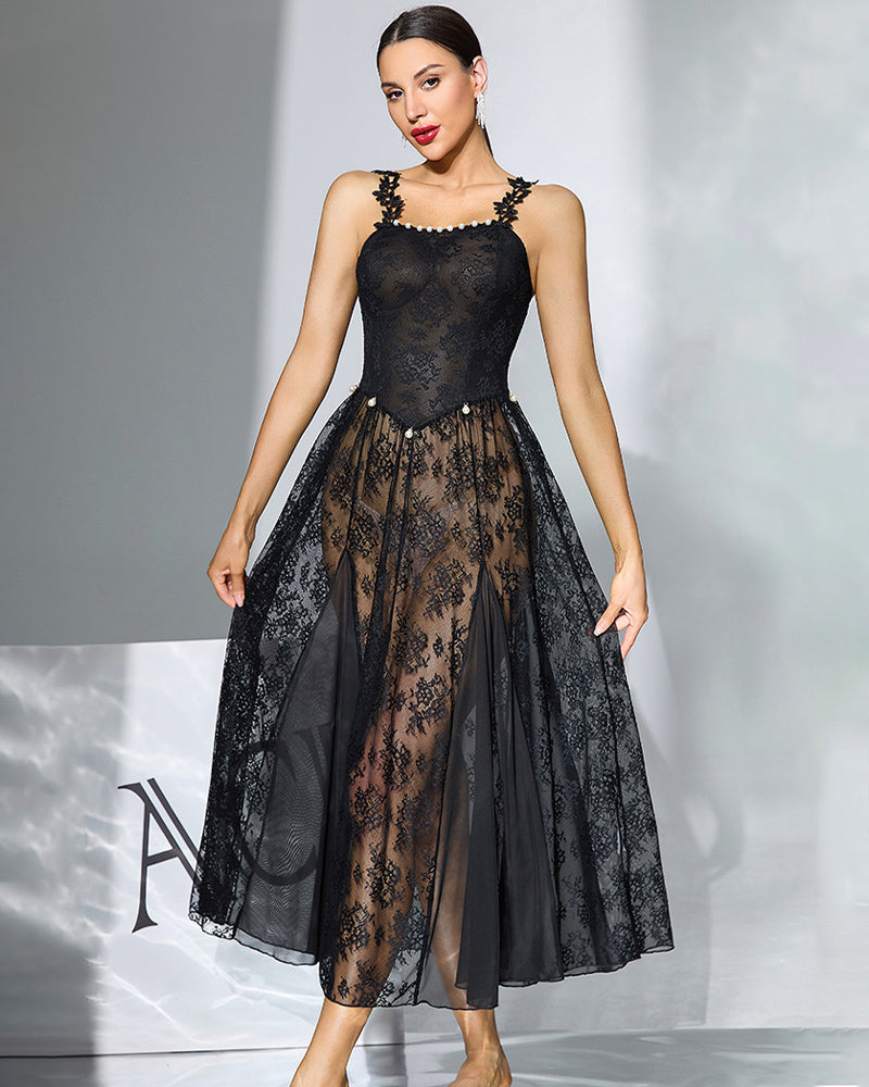 Black floral lace midi sheer overlay dress with scalloped neckline and pearl accents