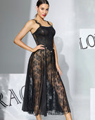 Black floral lace midi sheer overlay dress with lace bodice and full skirt